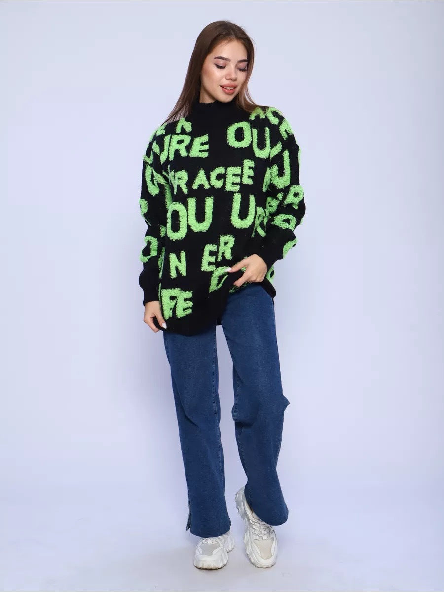 Damen Grobstrickpullover Norvielle mit Schriftzug und Hochkragen