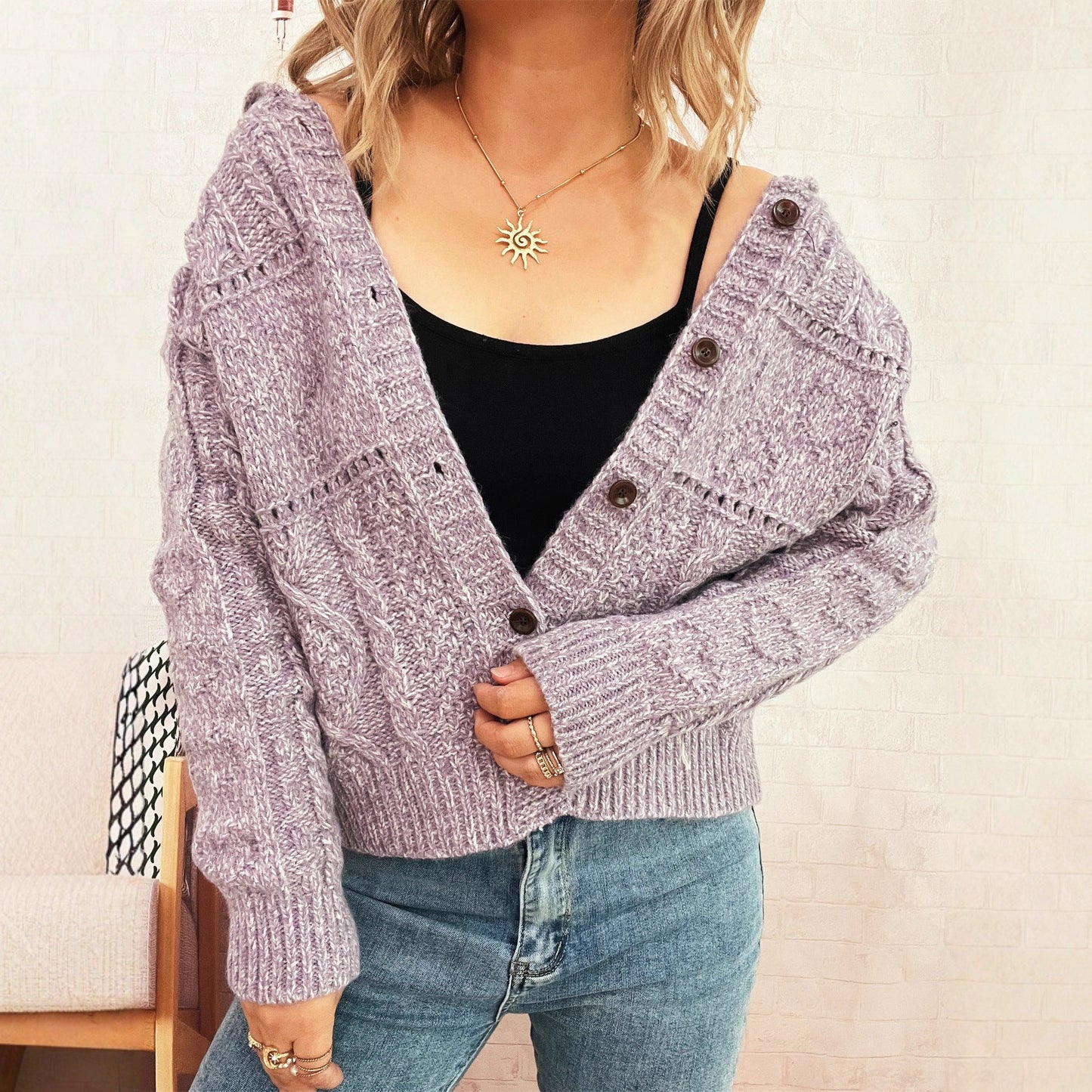 Damen Strickjacke Strukturiertes Zopfdesign Knopfverschluss Norvielle