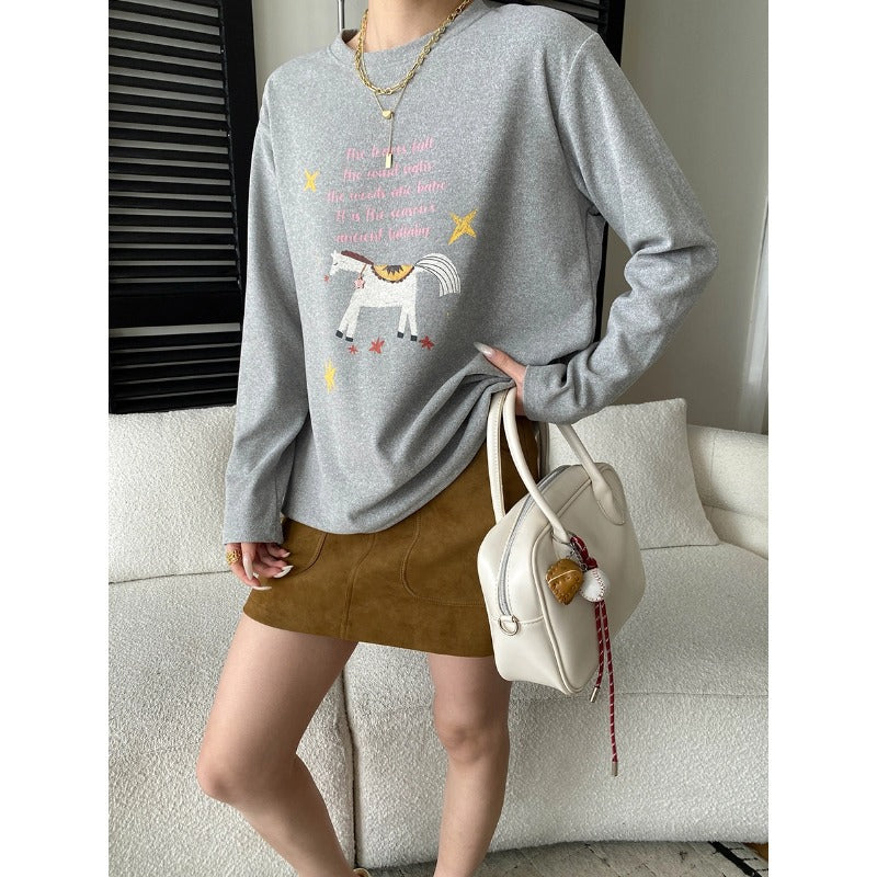 Damen Sweatshirt Einhorn-Print Rundhalsausschnitt Farbenfroh