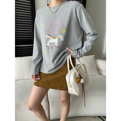 Damen Sweatshirt Einhorn-Print Rundhalsausschnitt Farbenfroh