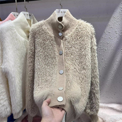 Damen Strickjacke Kuschelig Knopfverschluss Hochkragen Norvielle