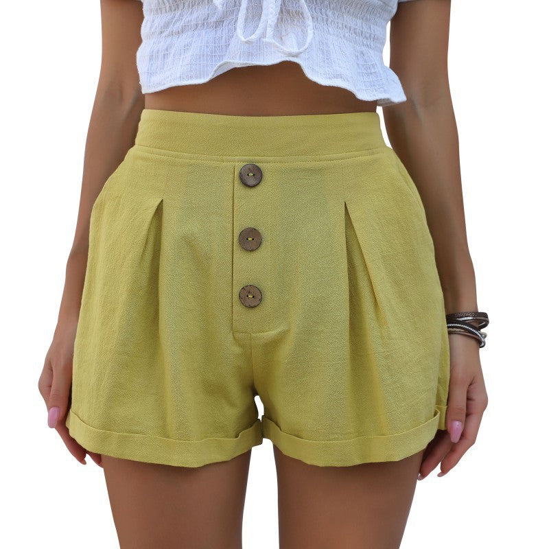 Damen Baumwollshorts Luftig Dekorative Knöpfe Beige