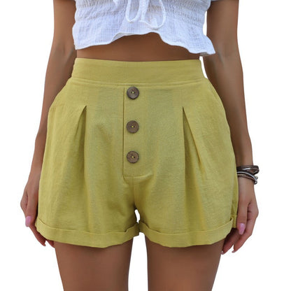 Damen Baumwollshorts Luftig Dekorative Knöpfe Beige