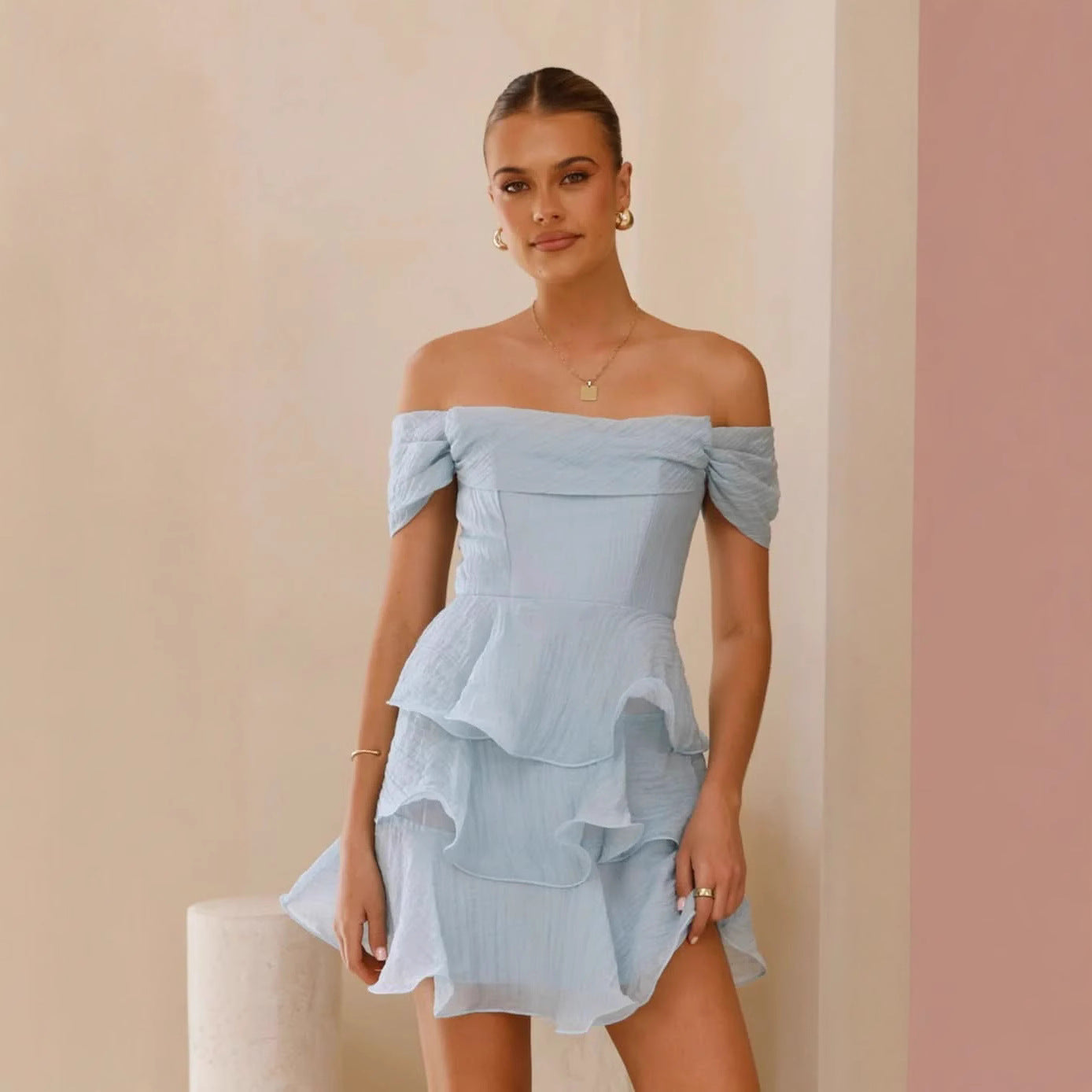 Damen Rüschenkleid Schulterfrei Norvielle