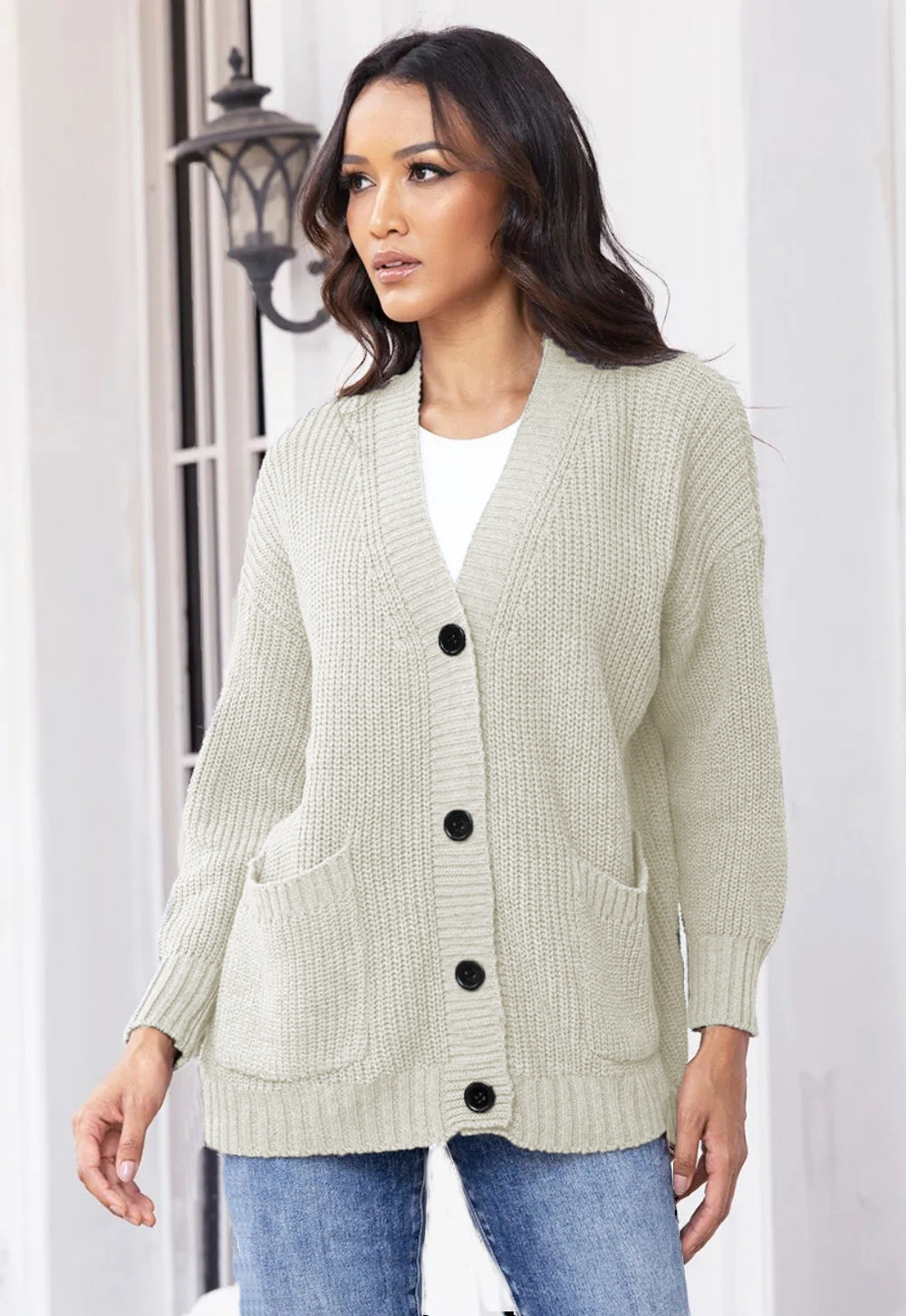 Damen Cardigan Grobstrick Mit Taschen V-Ausschnitt Beige
