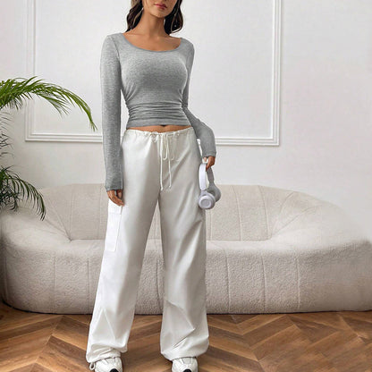 Damen Cropped Langarmshirt Figurbetonter Stoff Raffungselemente