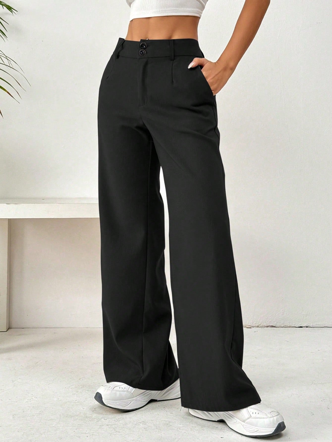 Damenweite Hose Hochbund Elegant Knöpfe