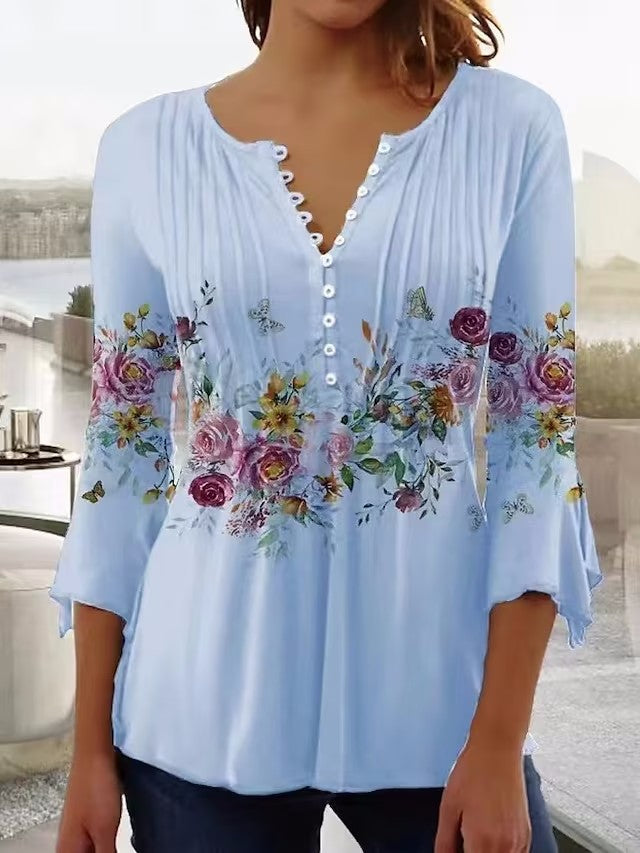Damen Bluse Floralmuster Knöpfe Norvielle