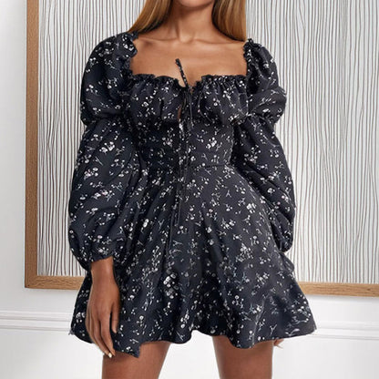 Damen Blumenkleid Puffärmel V-Ausschnitt Norvielle