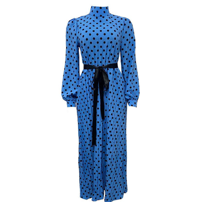 Damen Maxikleid Stehkragen Taillengürtel Elegantes Langkleid