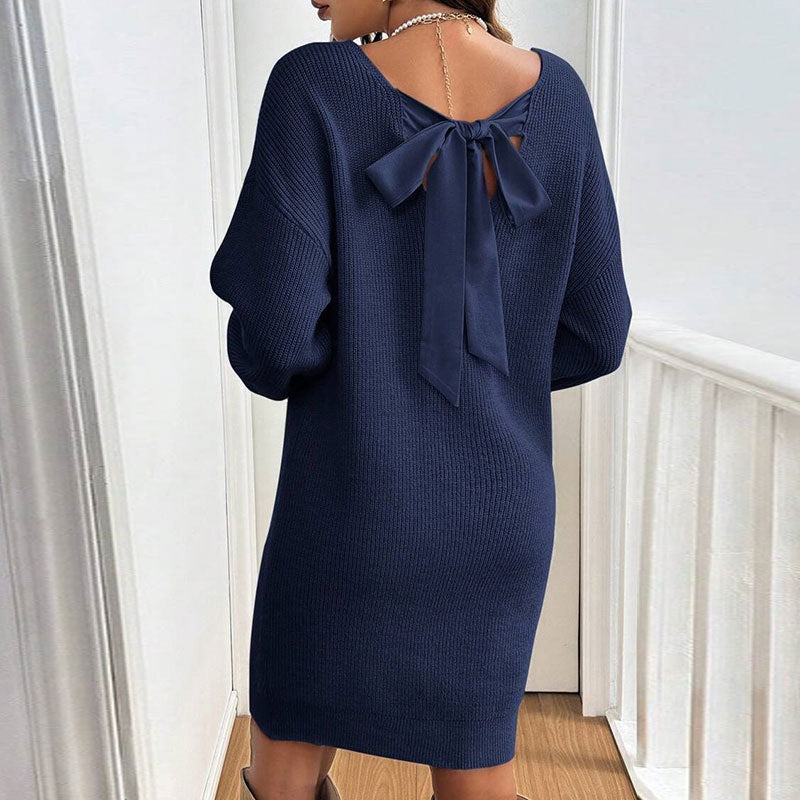 Damen Strickkleid Rückenausschnitt Schleife Norvielle