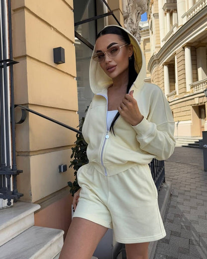 Damen Sportliches Zweiteiler-Set Kurzarm Jacke und Shorts