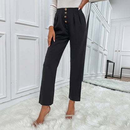 Damen Hochtaillierte Bundfaltenhose mit Knöpfen Norvielle