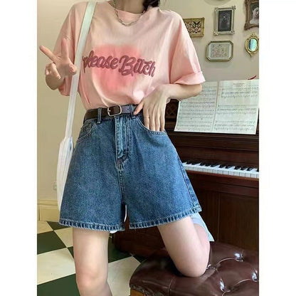 Damen Denim Shorts Hohe Taschen Lockere Passform