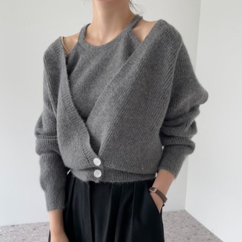 Damen Cropped Strickjacke V-Ausschnitt Knöpfe Norvielle - Norvielle
