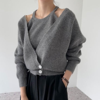 Damen Cropped Strickjacke V-Ausschnitt Knöpfe Norvielle - Norvielle