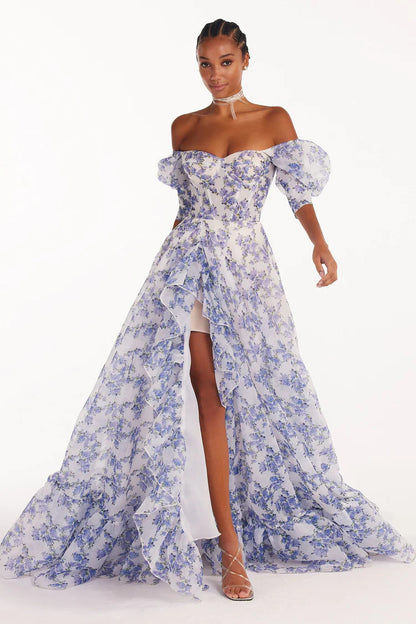 Damen Maxikleid Schulterfrei Florale Rüschendetails
