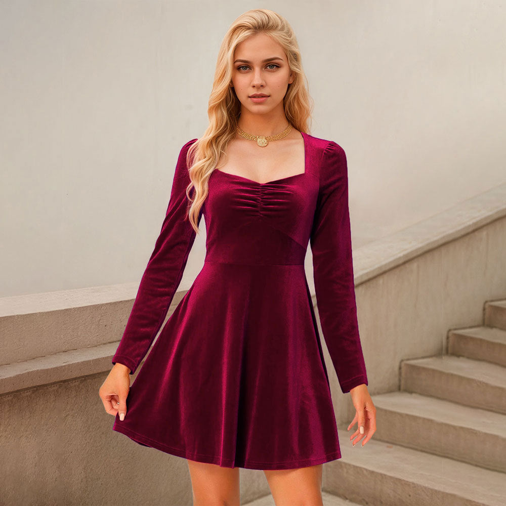 Damen Samt Minikleid Quadratischer Ausschnitt Länge Knie