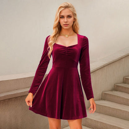 Damen Samt Minikleid Quadratischer Ausschnitt Länge Knie