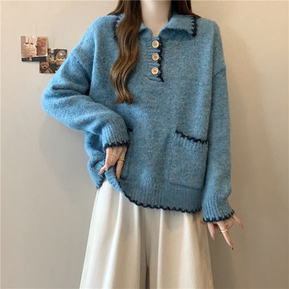 Damen Strickpullover mit Kragen und Knöpfen