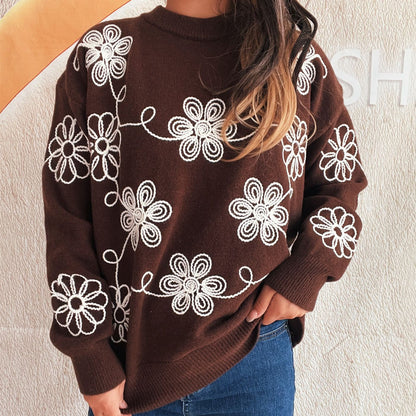 Damen Strickpullover Floralmuster Hoher Kragen Norvielle