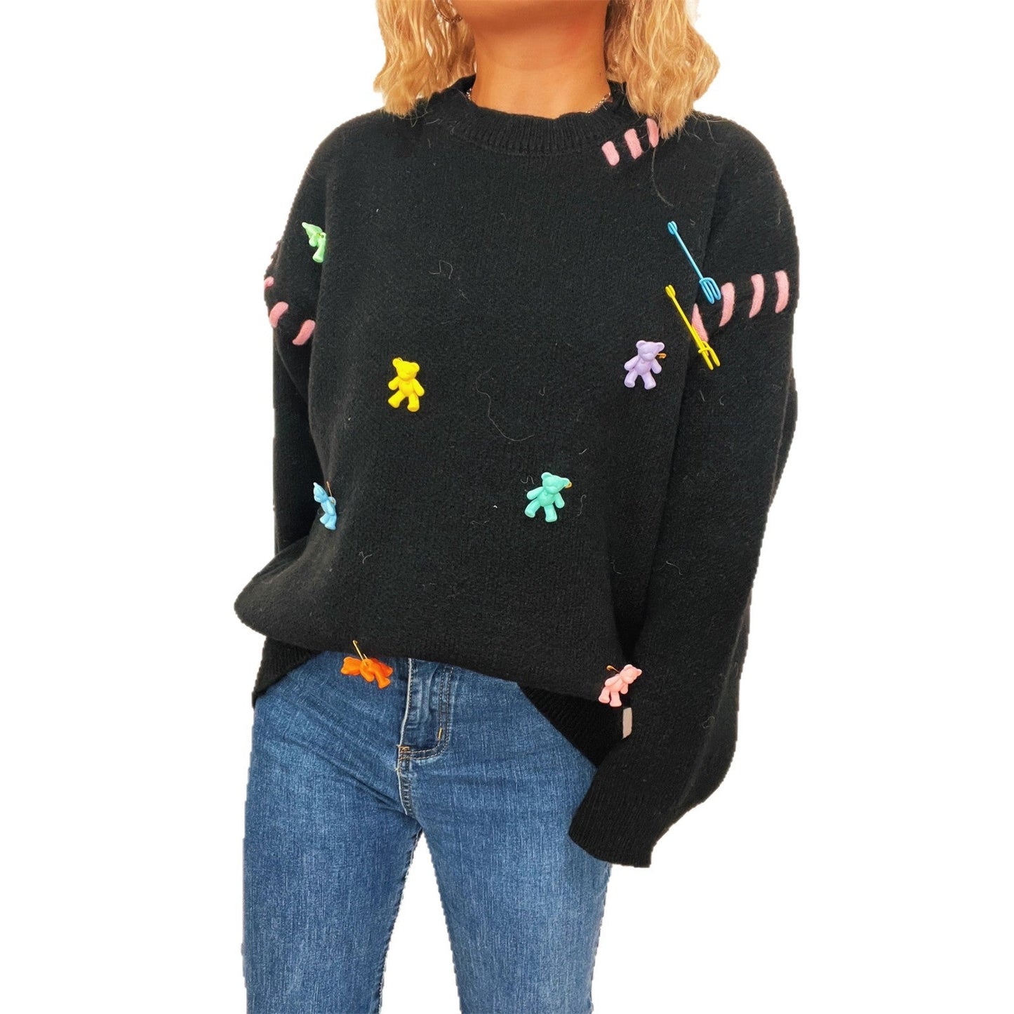 Damen Pullover Bunt Applikationen Weitschnitt