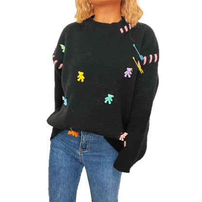 Damen Pullover Bunt Applikationen Weitschnitt