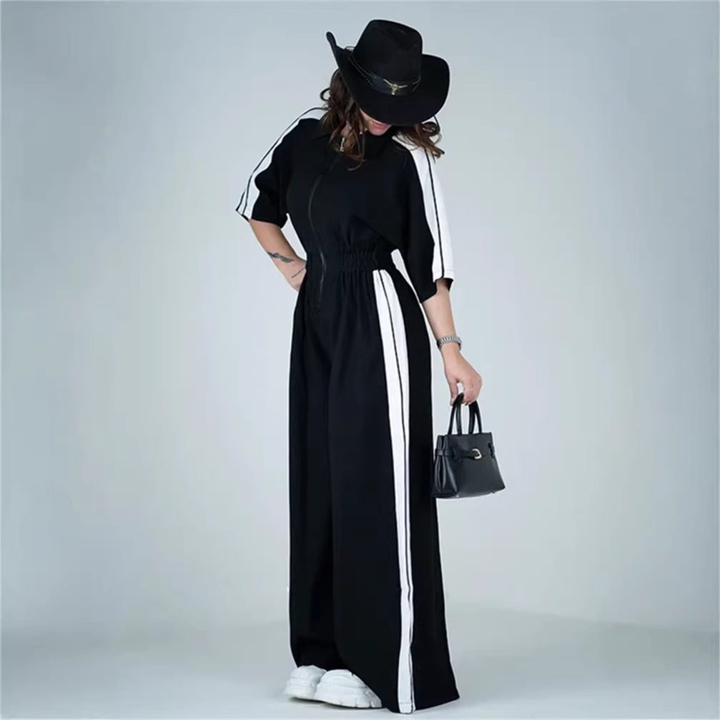 Damen Jumpsuit Lang Taillenbund Kontraststreifen
