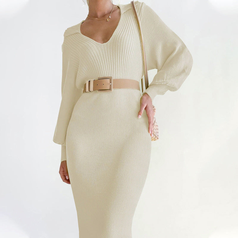 Damen Strickkleid V-Ausschnitt Elegantes Taillieren Norvielle