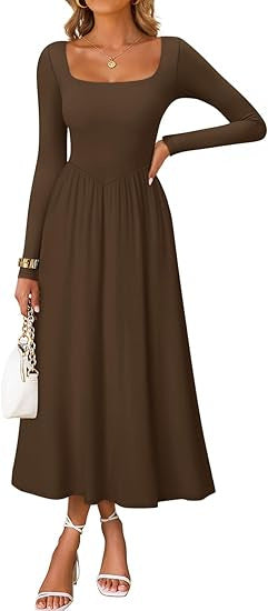 Damen Elegantes Midi-Kleid mit Quadratausschnitt und langen Ärmeln