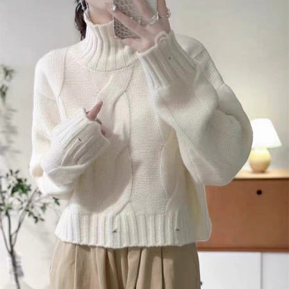 Damen Strickpullover Hochkragen Zopfmuster Norvielle
