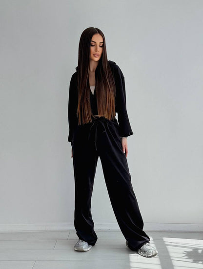 Damen Velours Freizeitanzug Cropped Oberteil Weites Bein