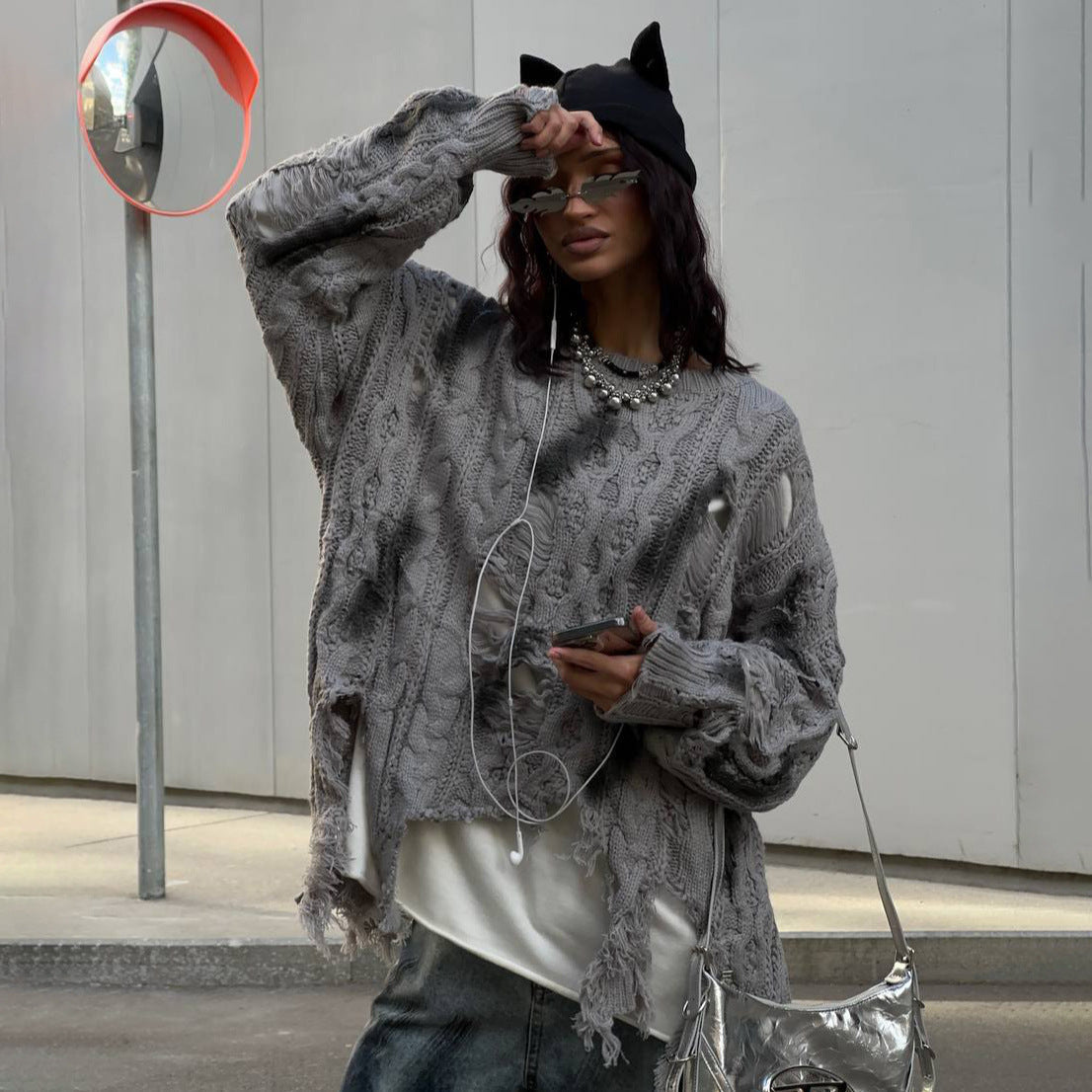 Damen Oversized Pullover Grobgestrickt mit Fransen Norvielle
