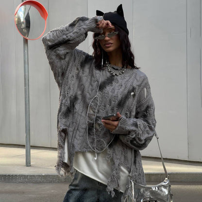 Damen Oversized Pullover Grobgestrickt mit Fransen Norvielle