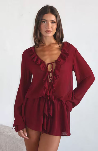 Damen Chiffonbluse Elegante Rüschendekoration V-Ausschnitt Norvielle