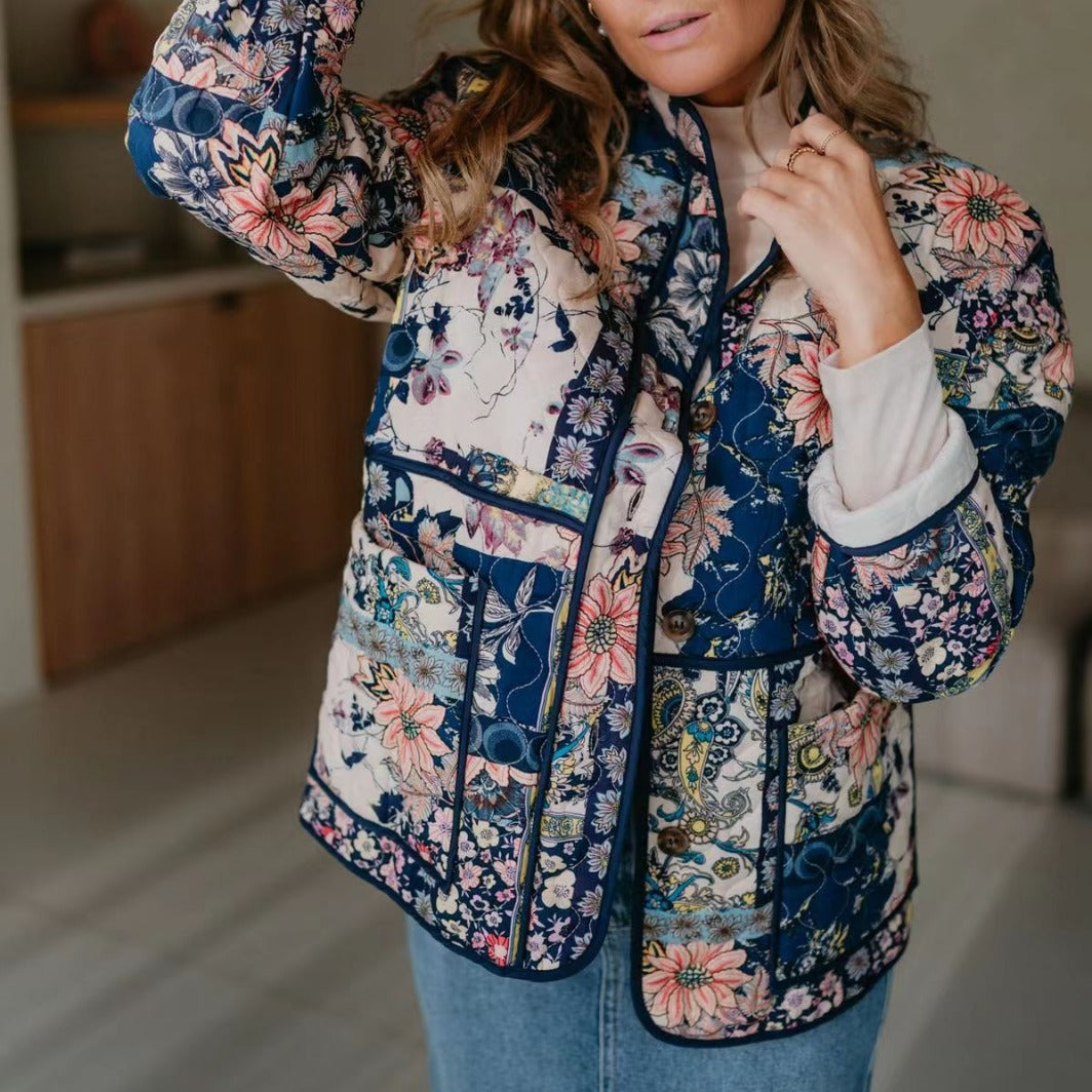 Damen Steppjacke Floralmuster Praktische Taschen Norvielle