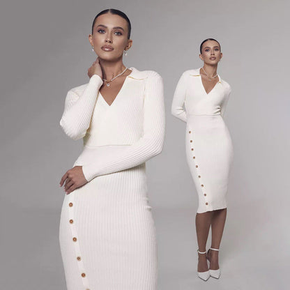 Damen Strickkleid mit Knöpfen V-Ausschnitt Norvielle