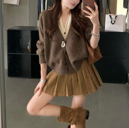 Damen Strickjacke Weiches Material V-Ausschnitt Beige