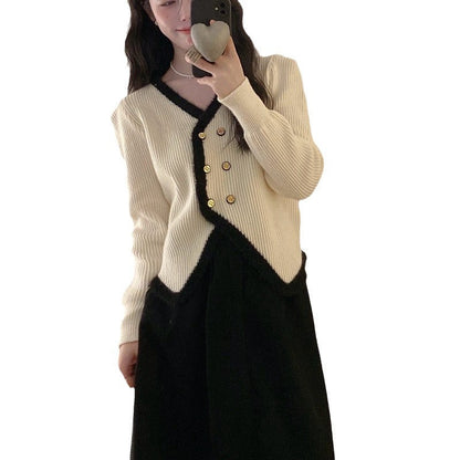 Damen Strickjacke Kontrast-Saum Knöpfe Norvielle