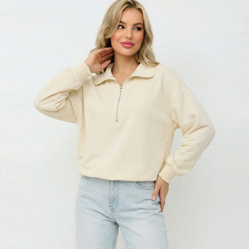 Damen Pullover Halb-Reißverschluss Gummizug Norvielle