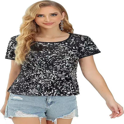 Damen Glitzerndes Pailletten T-Shirt Baumwolle Lässig