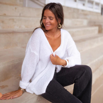 Damen Oversized-Pullover Weich V-Ausschnitt Beige