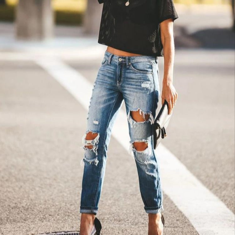 Damen Slim-Fit Jeans Destroyed Ausfransungen Blau - Norvielle