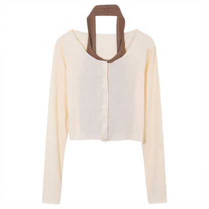 Damen Crop- Langarm Knopfverschluss Elegantes Design