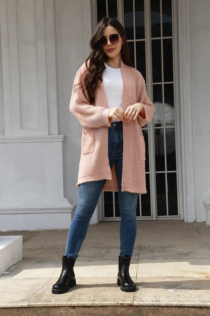Damen Strickcardigan Offene Taschen Weiter Schnitt Beige