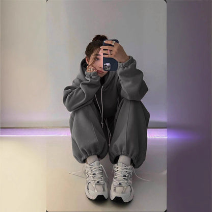 Damen Hoodie Jogginghose Baumwolle Bequem Grau