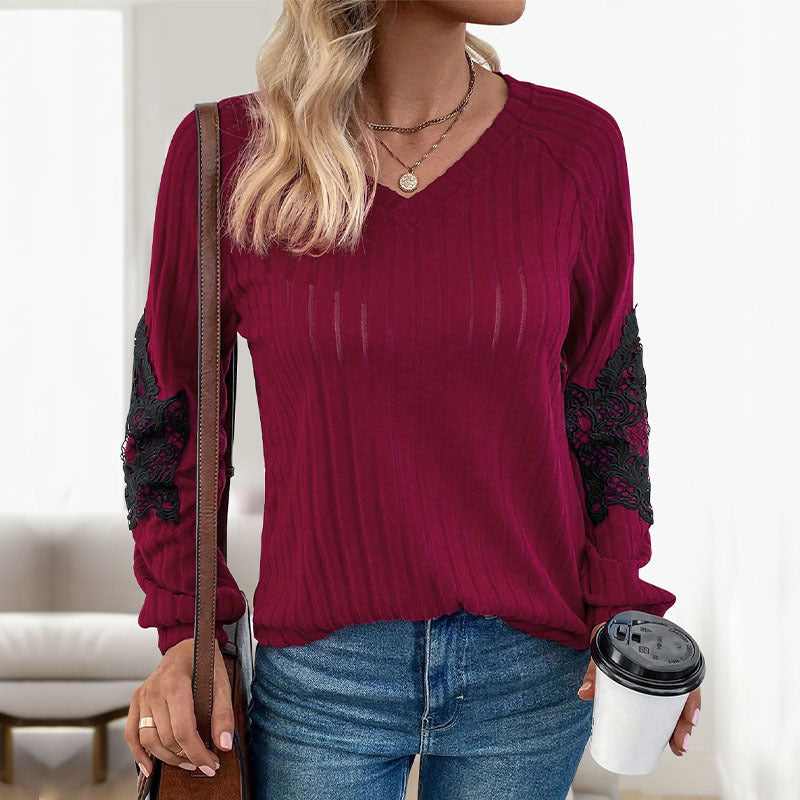 Damen Pullover V-Ausschnitt Spitze Ärmel