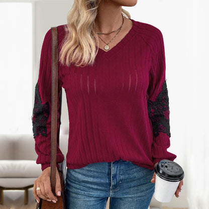 Damen Pullover V-Ausschnitt Spitze Ärmel