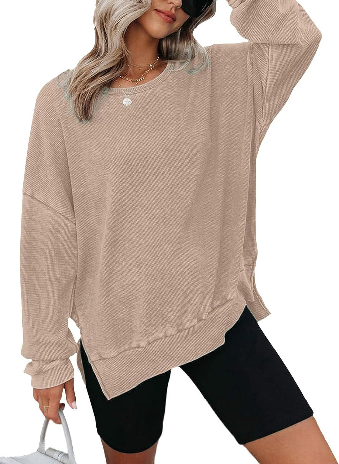 Damen Waffelpullover Mit Seitenschlitzen Norvielle