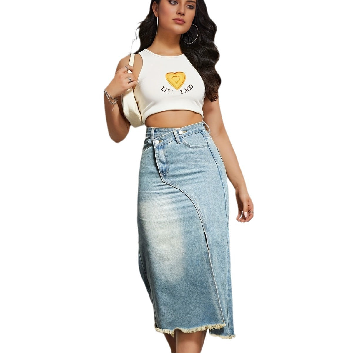 Damen Denim-Rock Asymmetrischer Schlitz Fransiger Saum
